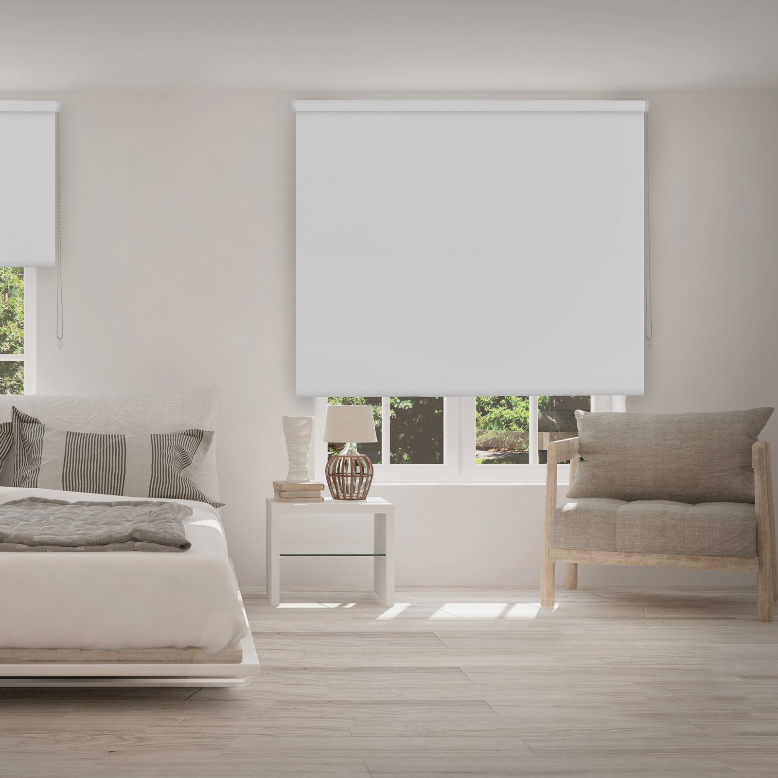 White bedroom with summer landscape in window. Scandinavian interior design. 3D illustration
