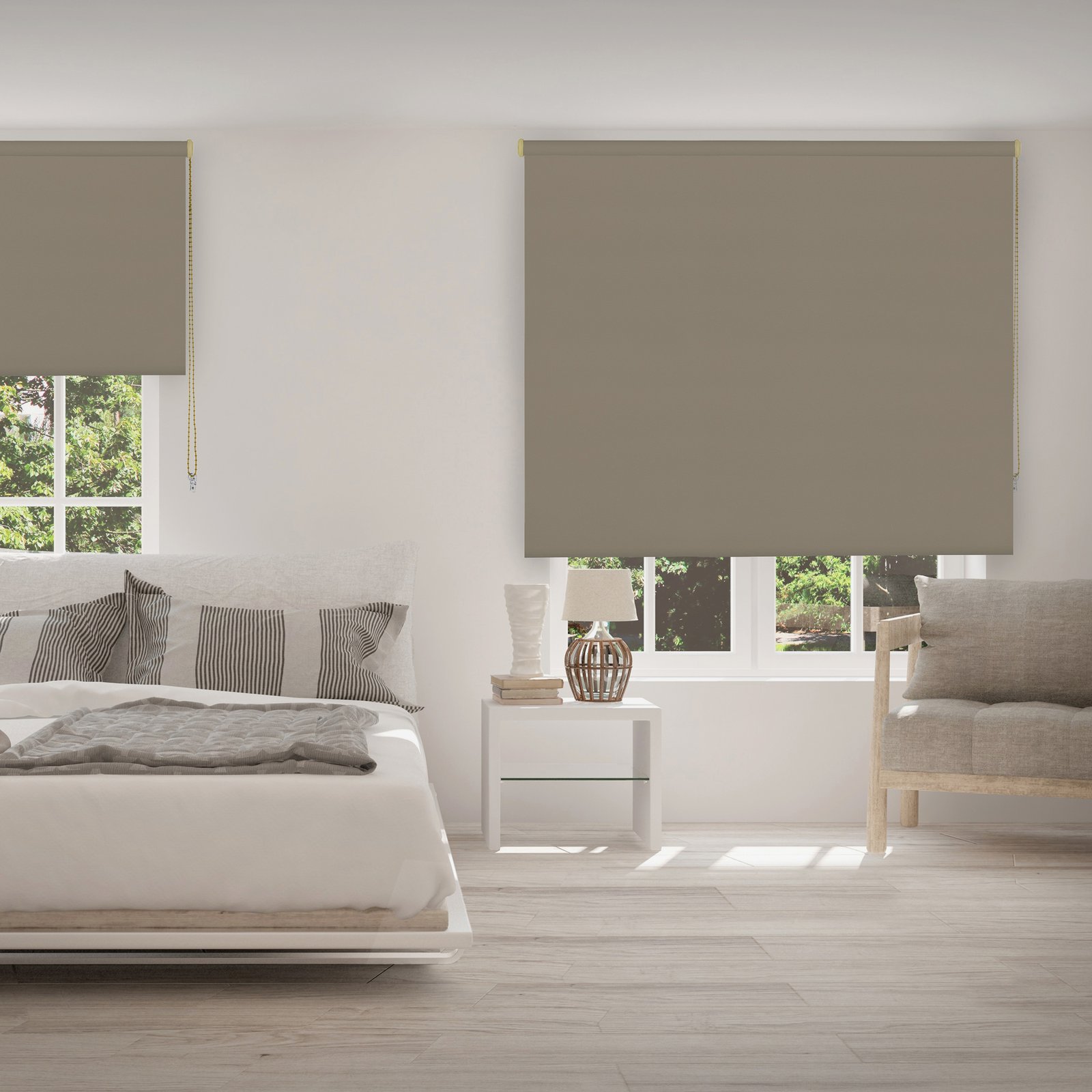 White bedroom with summer landscape in window. Scandinavian interior design. 3D illustration