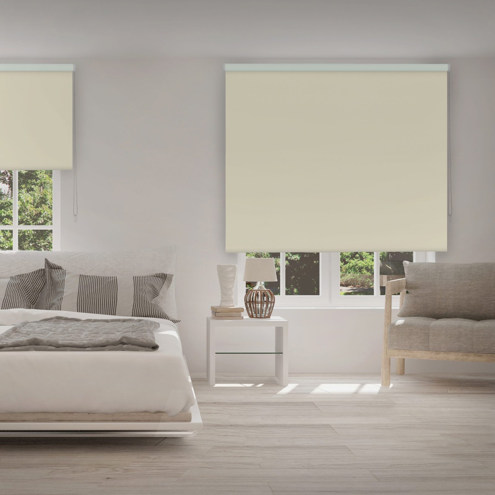 White bedroom with summer landscape in window. Scandinavian interior design. 3D illustration